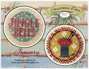 Christmas Dots January cross stitch pattern by Jeannette Douglas Designs featuring Jingle Bells and a Sewing Tomato with thread
