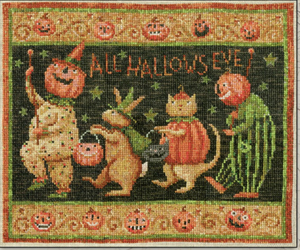 Decorative Halloween-themed cross stitch design with cartoonish characters and pumpkins.