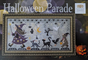 Halloween Parade, a cross-stitch design, by Cottage Garden Samplings featuring a little witch, and other animals on parade.