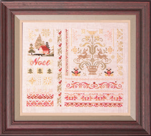 Decorative cross-stitch pattern with 'Noel' text and festive designs in a wooden frame.