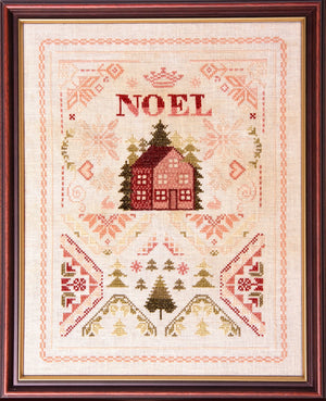 Cross-stitched design with 'NOEL' and a red house and winter motifs