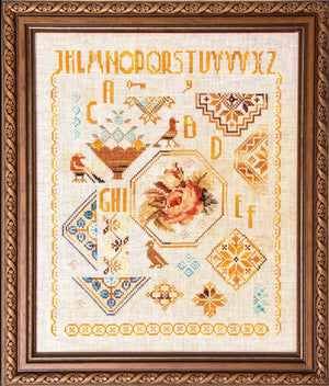 Decorative cross-stitch pattern with letters and geometric shapes featuring a robin