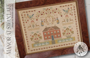 Manor at Swan Lake by With Thy Needle & Thread featuring a red house, swans, deer and other floral motifs